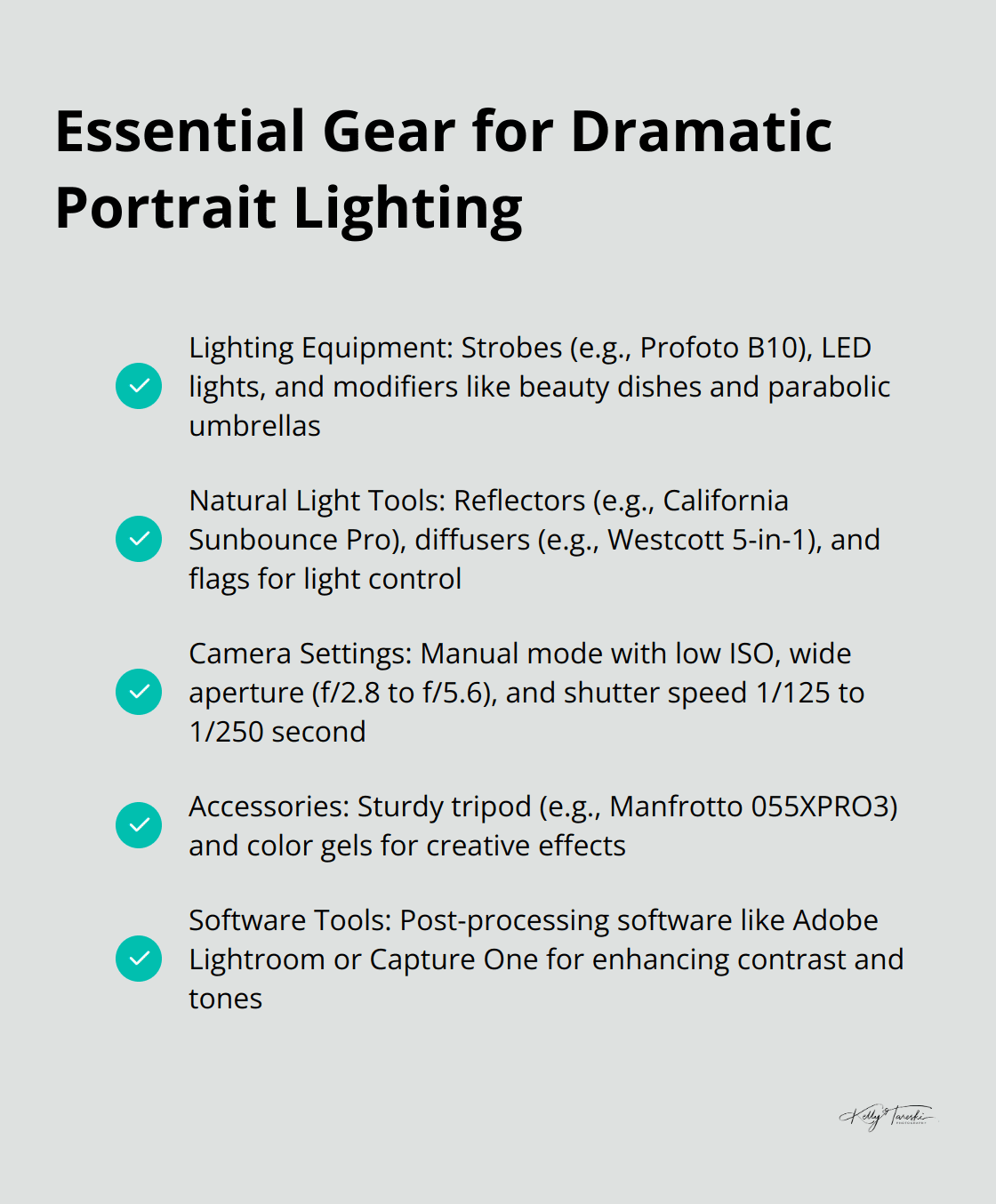 A checkmark list of essential gear for dramatic portrait lighting, including lighting equipment, natural light tools, camera settings, and accessories. - Photography Education