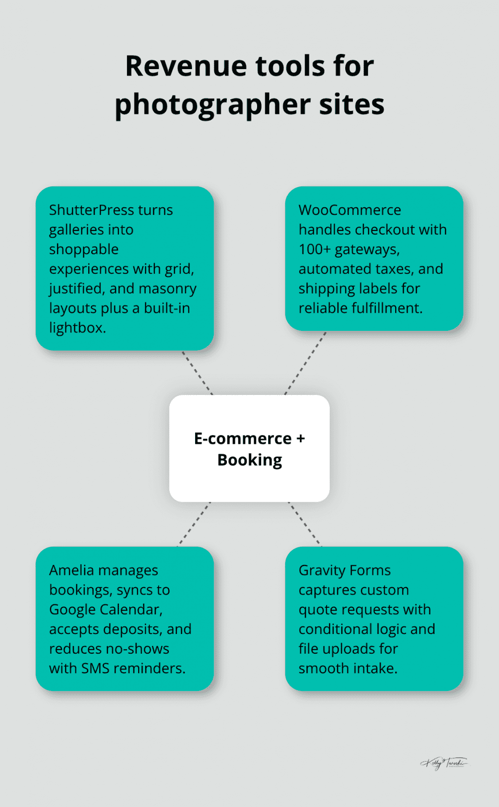 Hub-and-spoke view of e-commerce and booking tools for photography websites