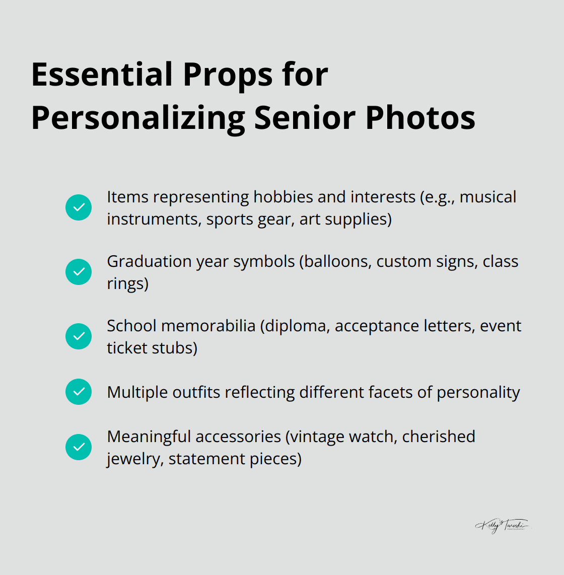 A checklist of essential props for personalizing senior photos, including items representing passions, graduation year symbols, school memorabilia, and fashion choices.