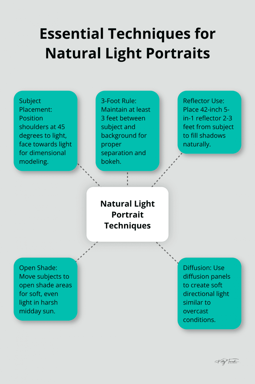 Hub and spoke chart illustrating key techniques for natural light portrait photography - Portrait lighting