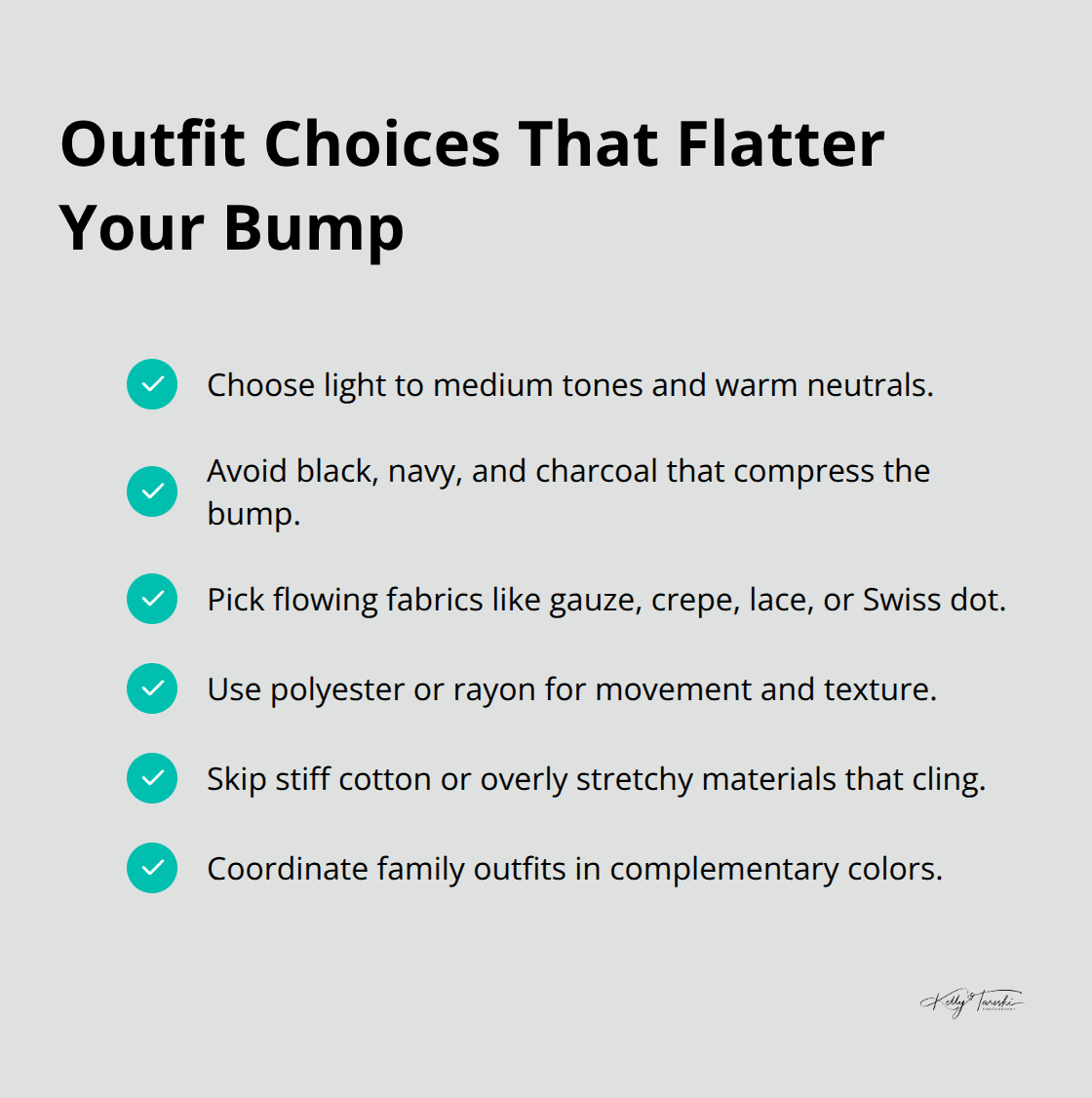 Checkmark list of maternity wardrobe tips for colors and fabrics