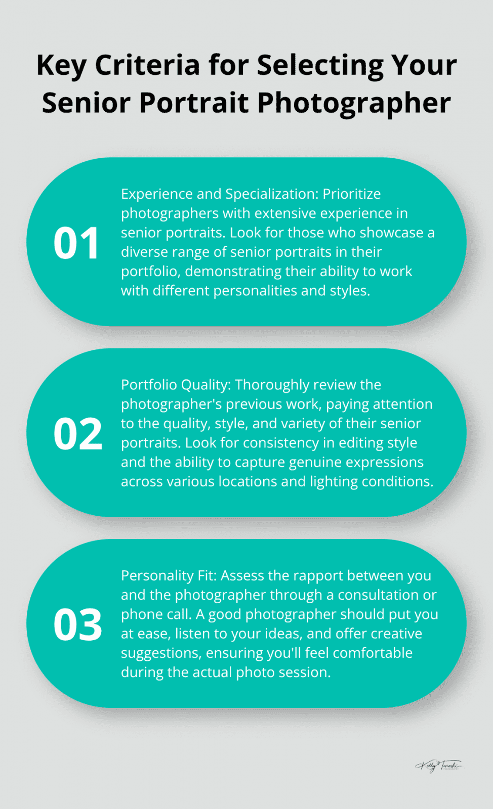 An ordered list chart outlining three key criteria for selecting a senior portrait photographer: experience and specialization, portfolio quality, and personality fit.