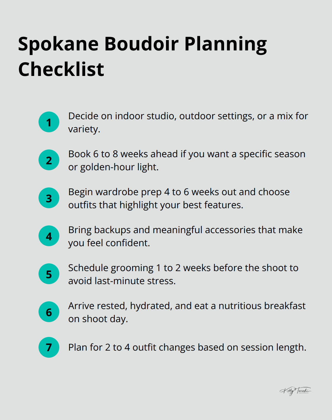 Compact checklist covering location, booking window, wardrobe prep, grooming, and session flow. - Private boudoir session Spokane