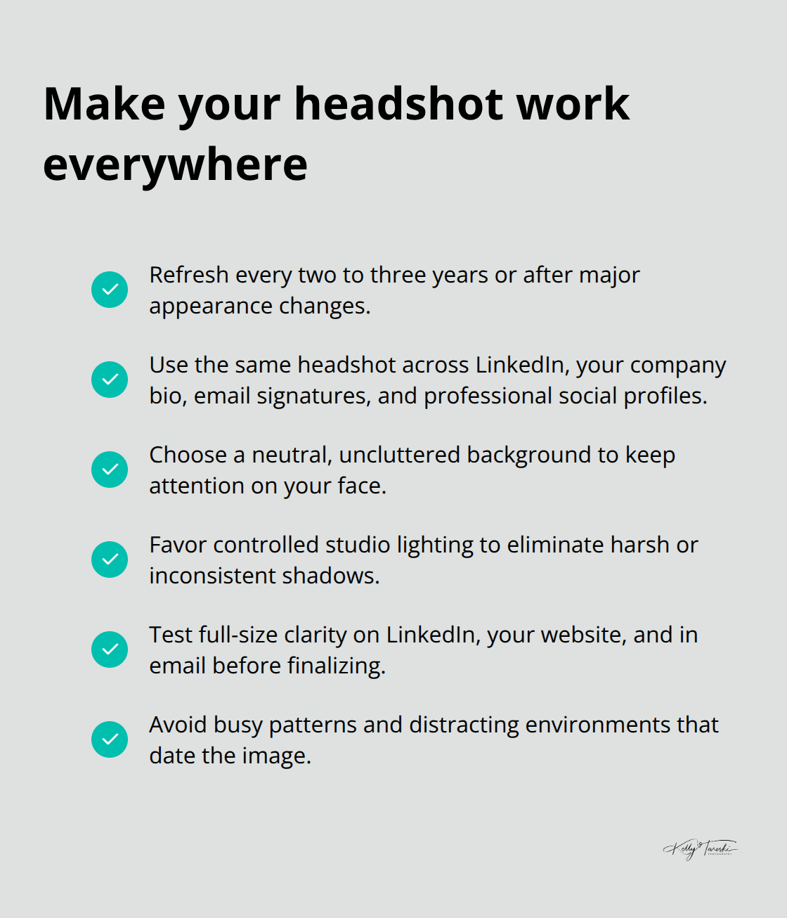 Checklist of headshot best practices for consistency, lighting, background, and resolution - Professional headshots impact