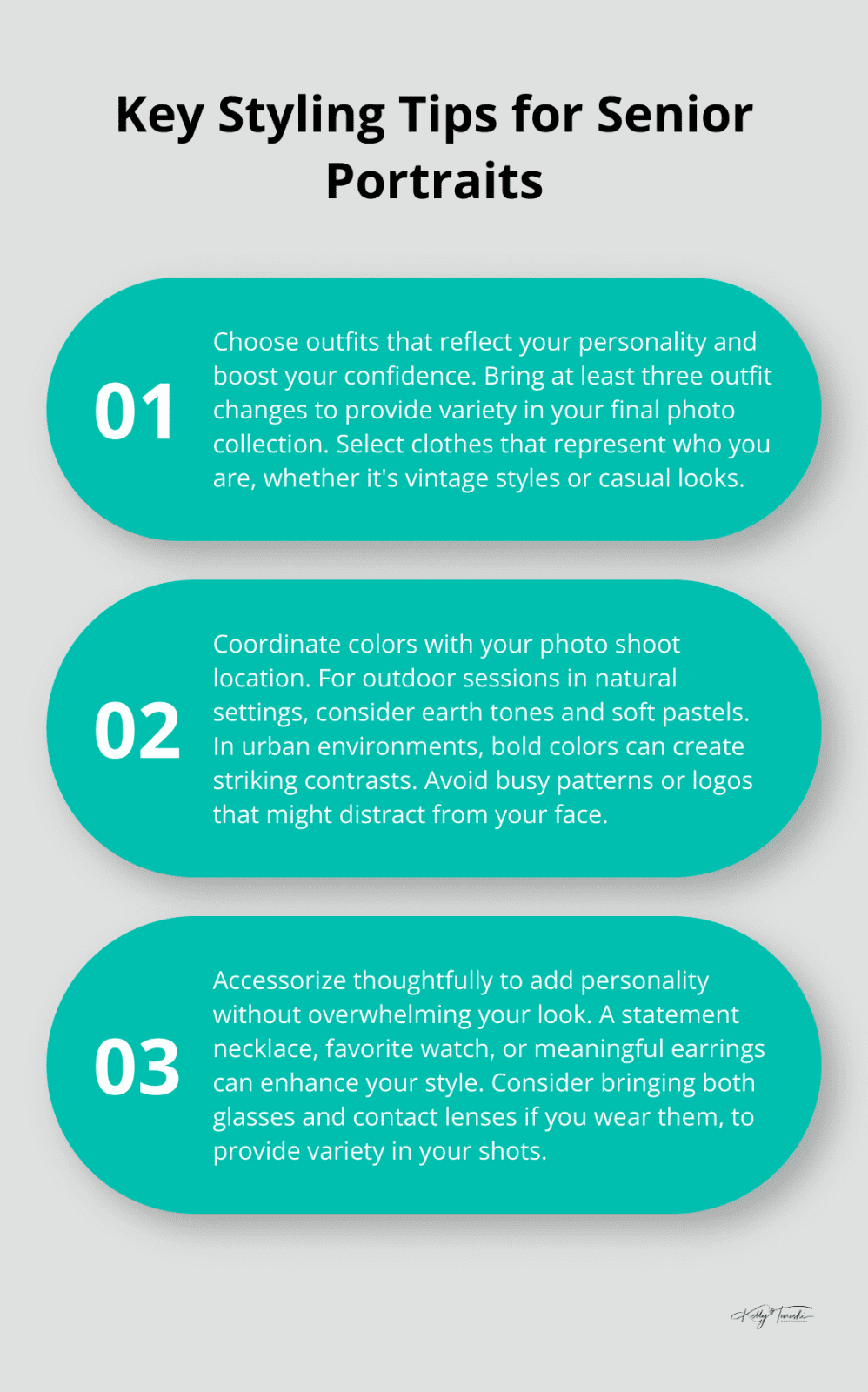 An ordered list highlighting three key styling tips for senior portraits: choosing outfits that reflect personality, coordinating colors with location, and thoughtful accessorizing.