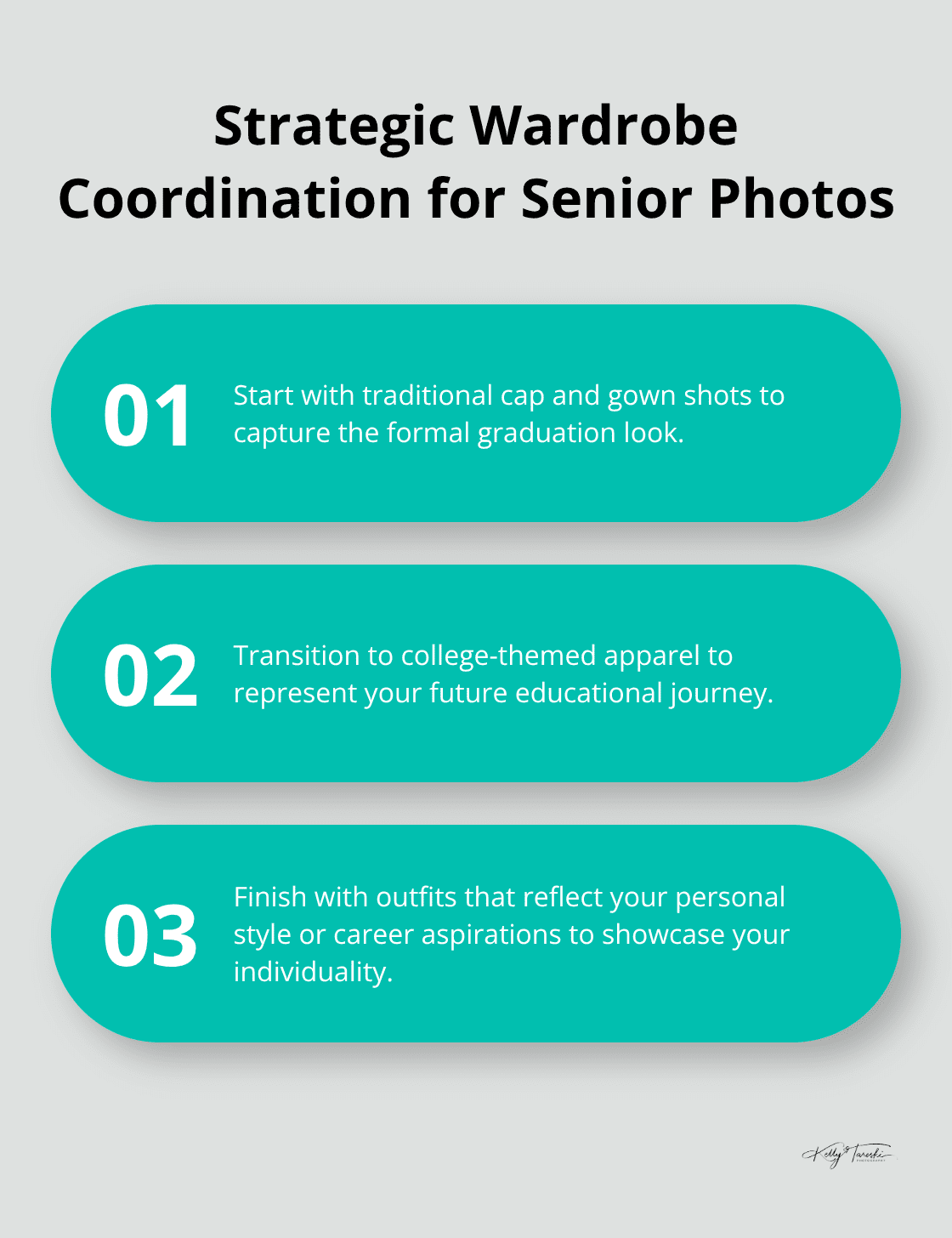 Ordered list showing three distinct outfit changes for senior photos: traditional cap and gown, college-themed apparel, and personal style or career aspirations