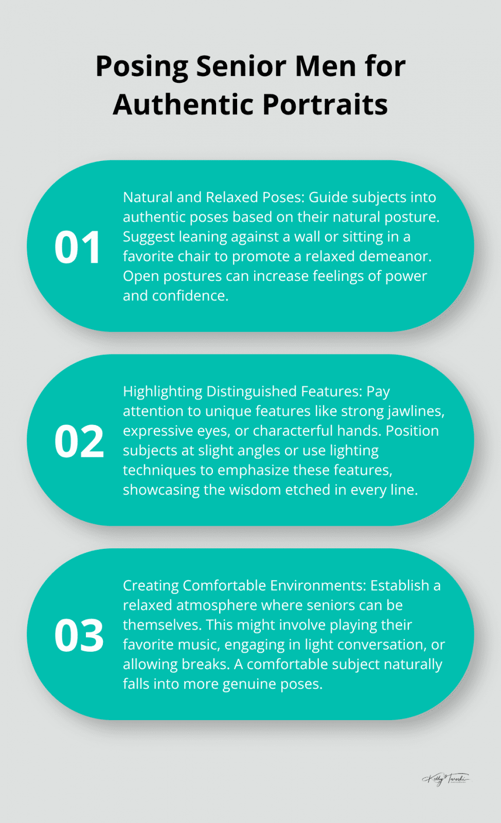 An ordered list chart presenting five key aspects of posing senior men for authentic portraits: natural poses, distinguished features, props, comfortable environments, and individual adaptations. - senior guys pictures