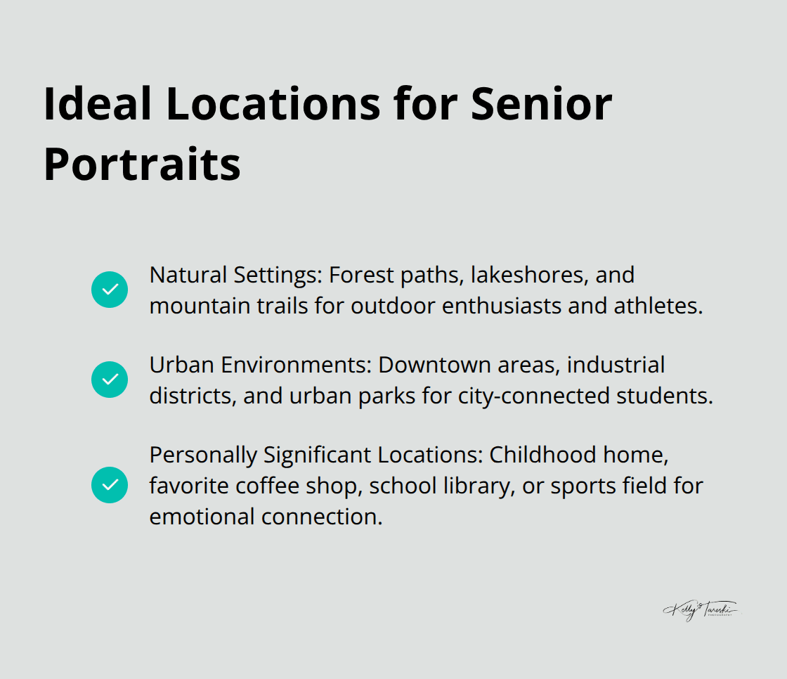 Checkmark list of ideal locations for senior portraits: Natural Settings, Urban Environments, and Personally Significant Locations - Senior hobbies