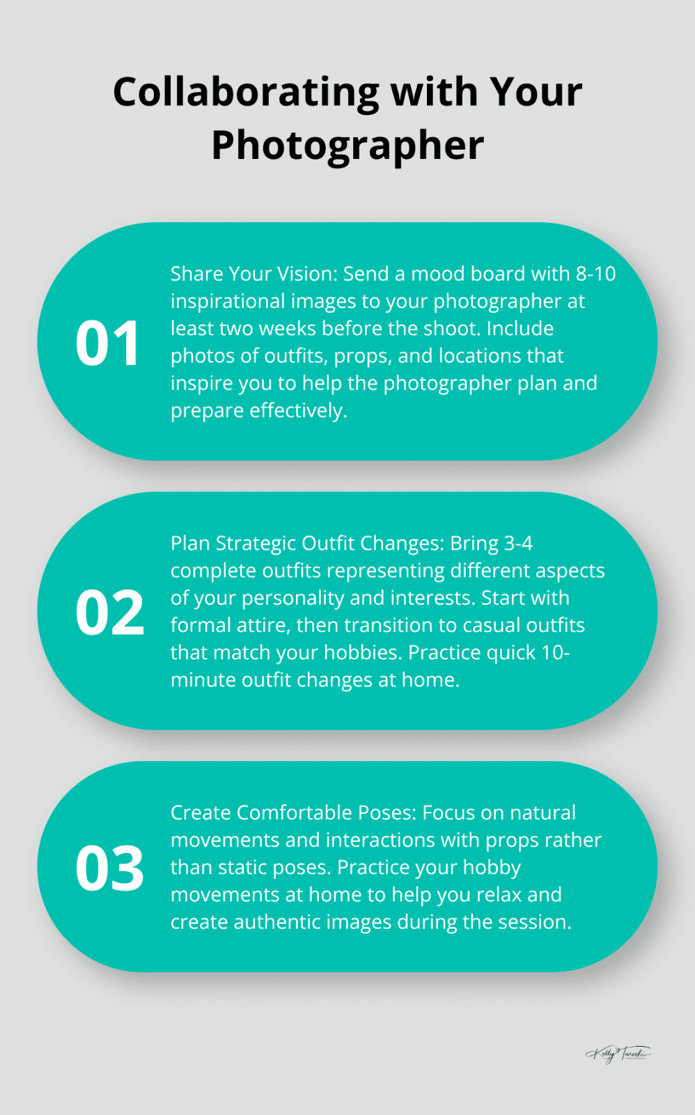 Ordered list chart showing three key steps for collaborating with your photographer for better senior portrait results