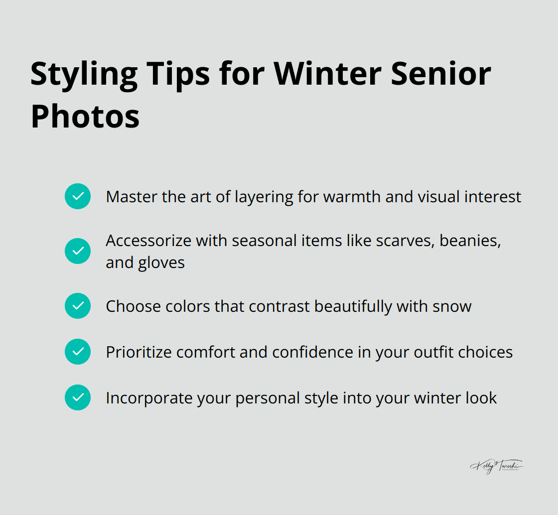 Chart listing key styling tips for winter senior photos, including layering, accessorizing, color choices, comfort, and personal style. - senior photos in the snow