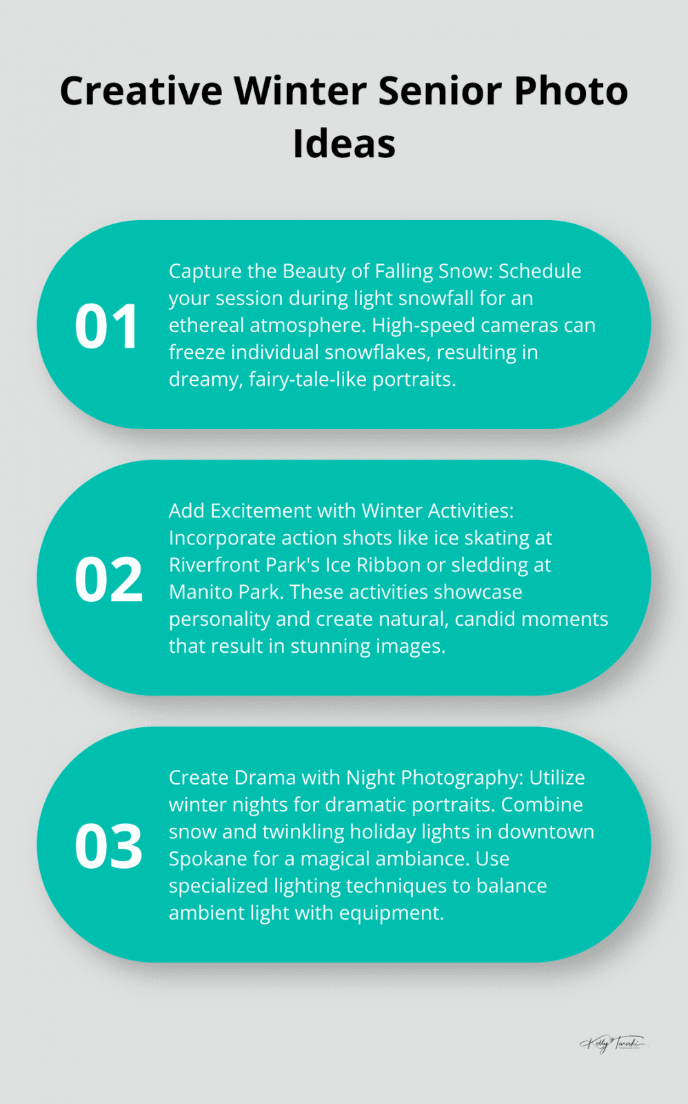 Chart presenting three creative ideas for winter senior photos: capturing falling snow, incorporating winter activities, and utilizing night photography.