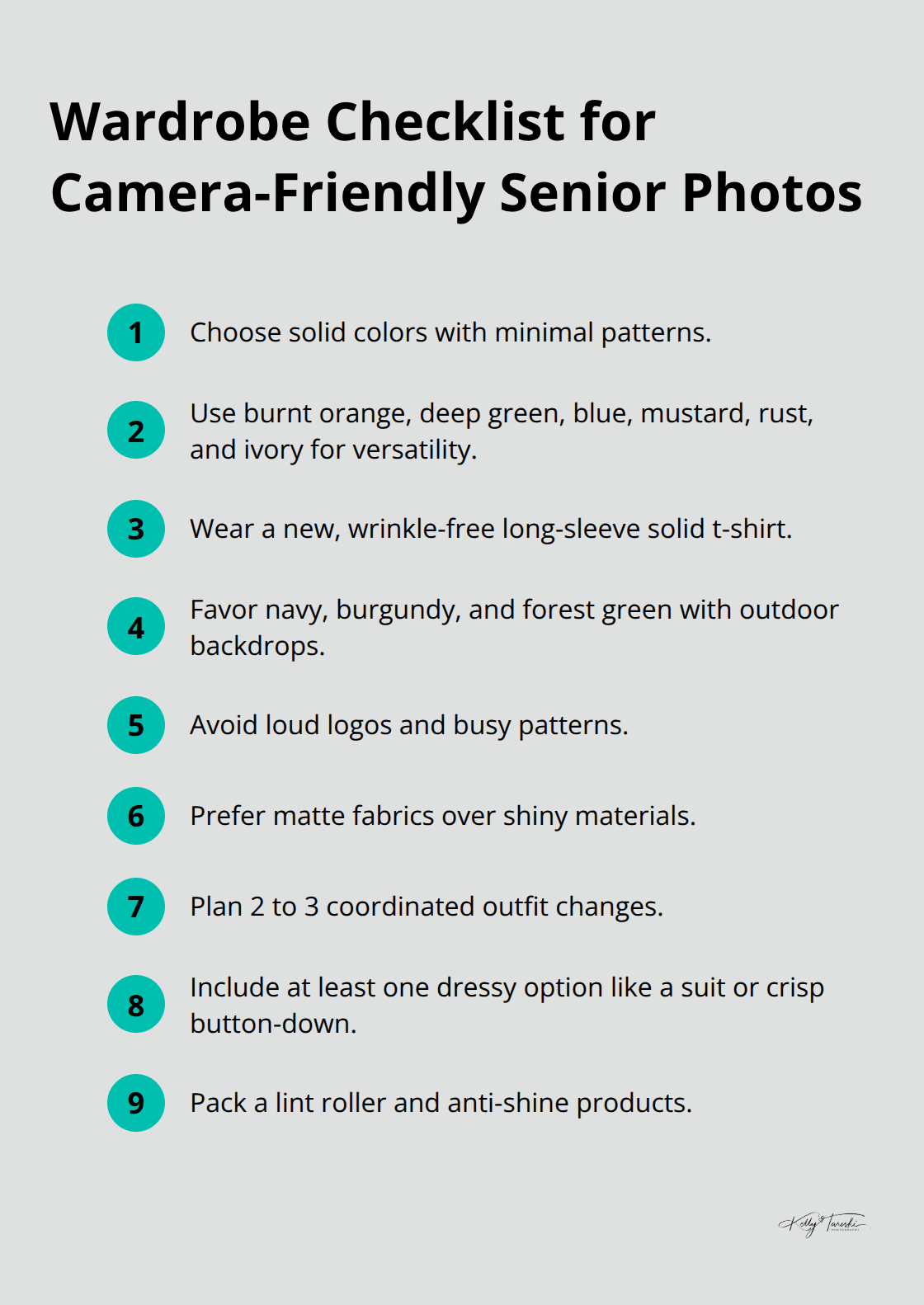 Compact checklist of clothing and grooming essentials for senior portraits. - senior photoshoot ideas for guys