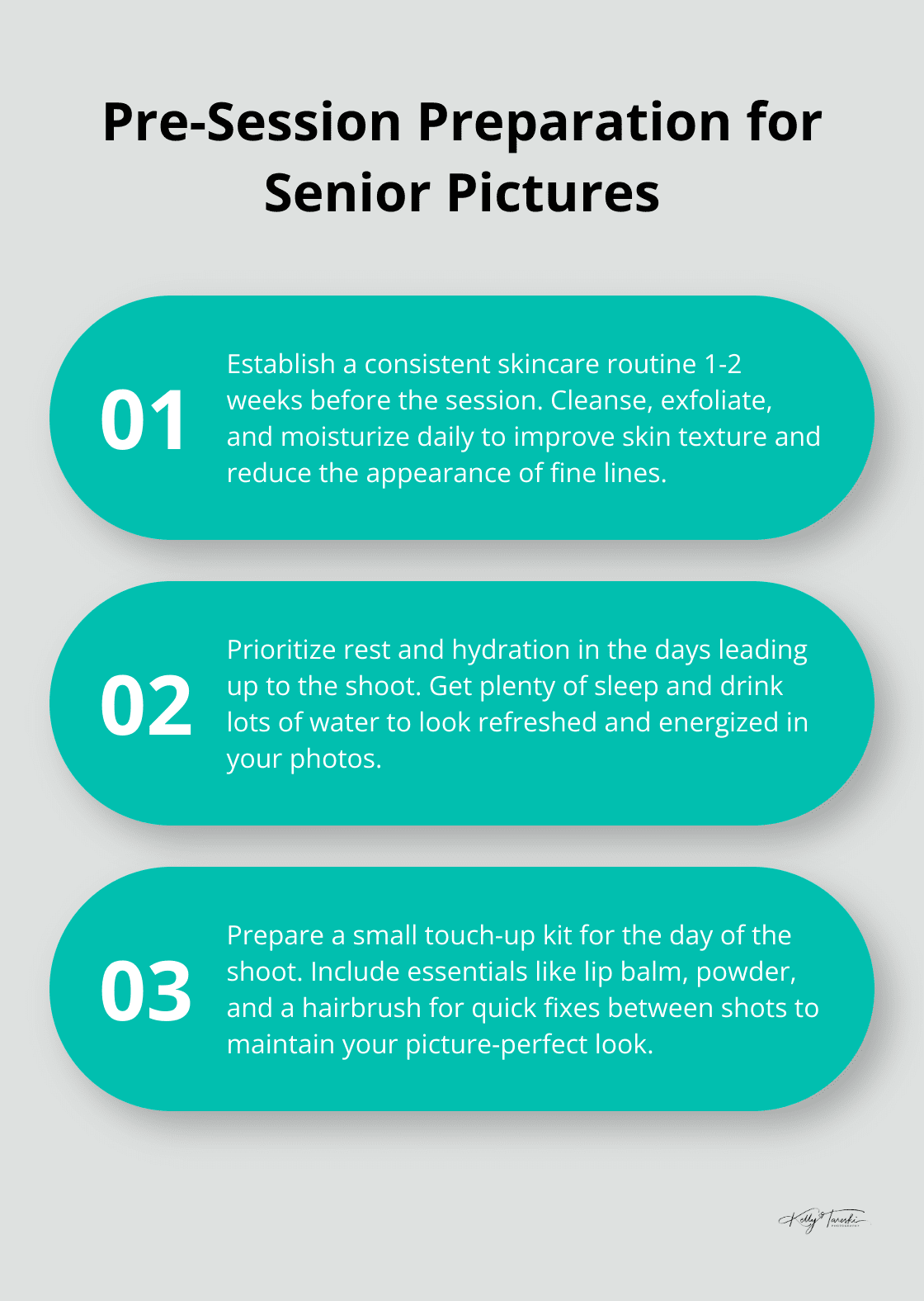 An ordered list chart showing three key steps for preparing for senior pictures: skincare routine, rest and hydration, and touch-up kit preparation. - senior pictures formal