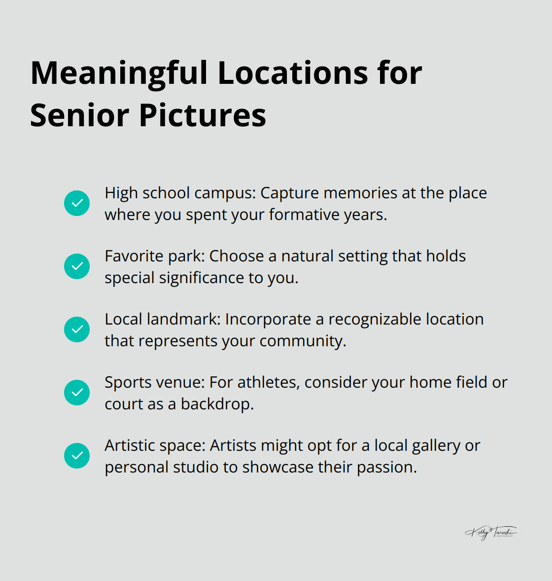 A checkmark list chart showing five types of meaningful locations for senior pictures: high school campus, favorite park, local landmark, sports venue, and artistic space.
