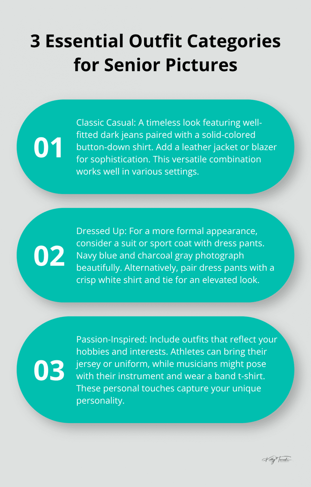 An ordered list chart showing three main outfit categories for senior pictures: Classic Casual, Dressed Up, and Passion-Inspired - senior pictures outfits guys