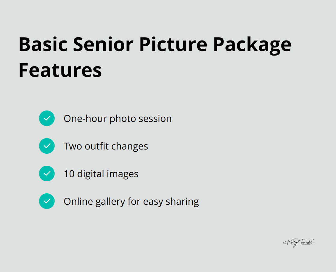 Checklist of basic senior picture package features including one-hour photo session, two outfit changes, 10 digital images, and online gallery for sharing - senior pictures packages