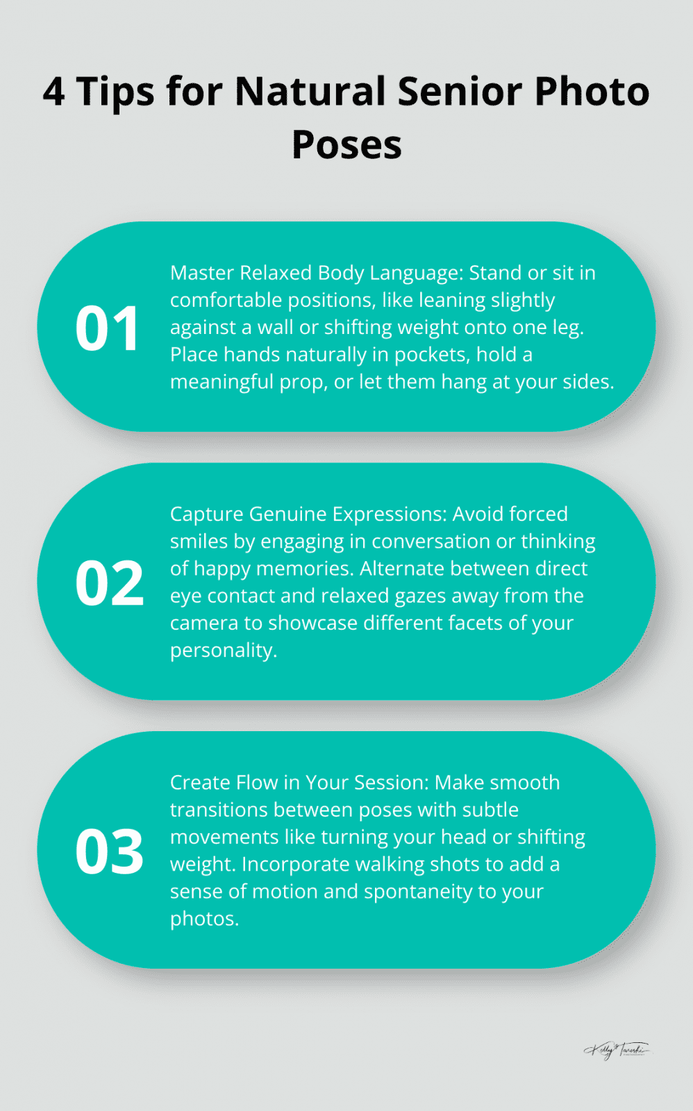 An ordered list chart highlighting four tips for posing naturally in senior photos: Master Relaxed Body Language, Capture Genuine Expressions, Create Flow in Your Session, and Embrace Comfort and Confidence