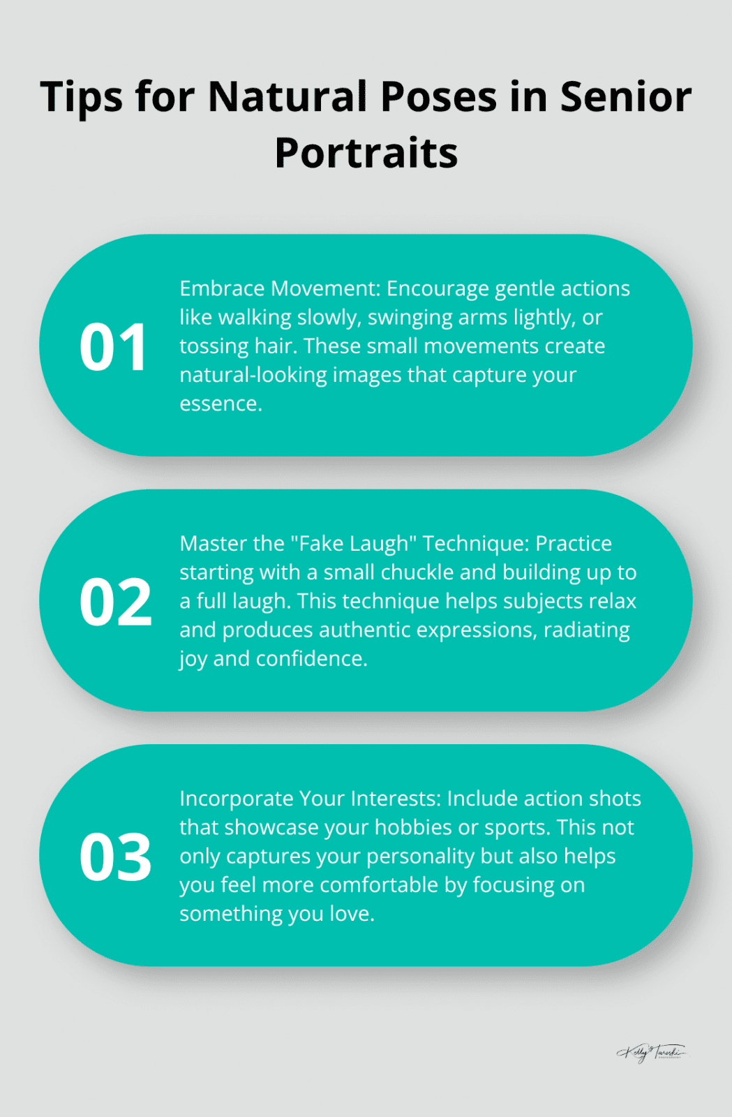 An ordered list chart showing three tips for natural poses in senior portraits: embracing movement, mastering the - senior pictures samples