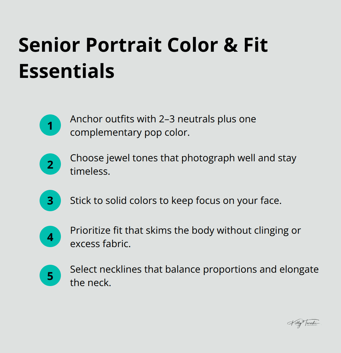 Key color and fit rules for senior portrait outfits. - Senior portraits wardrobe Spokane