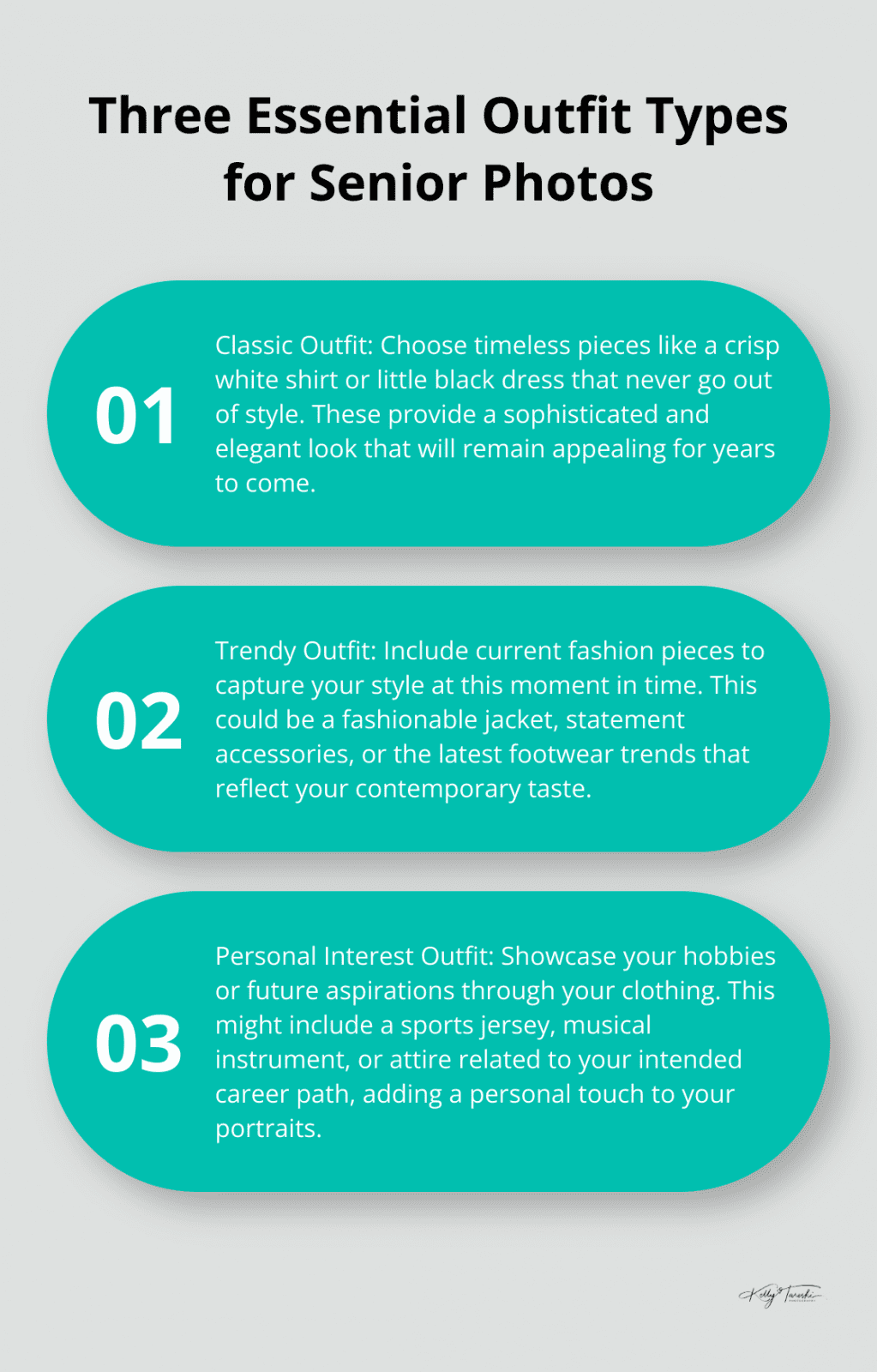 Infographic showing three types of outfits recommended for senior photo sessions: classic, trendy, and personal interest - senior studio pictures