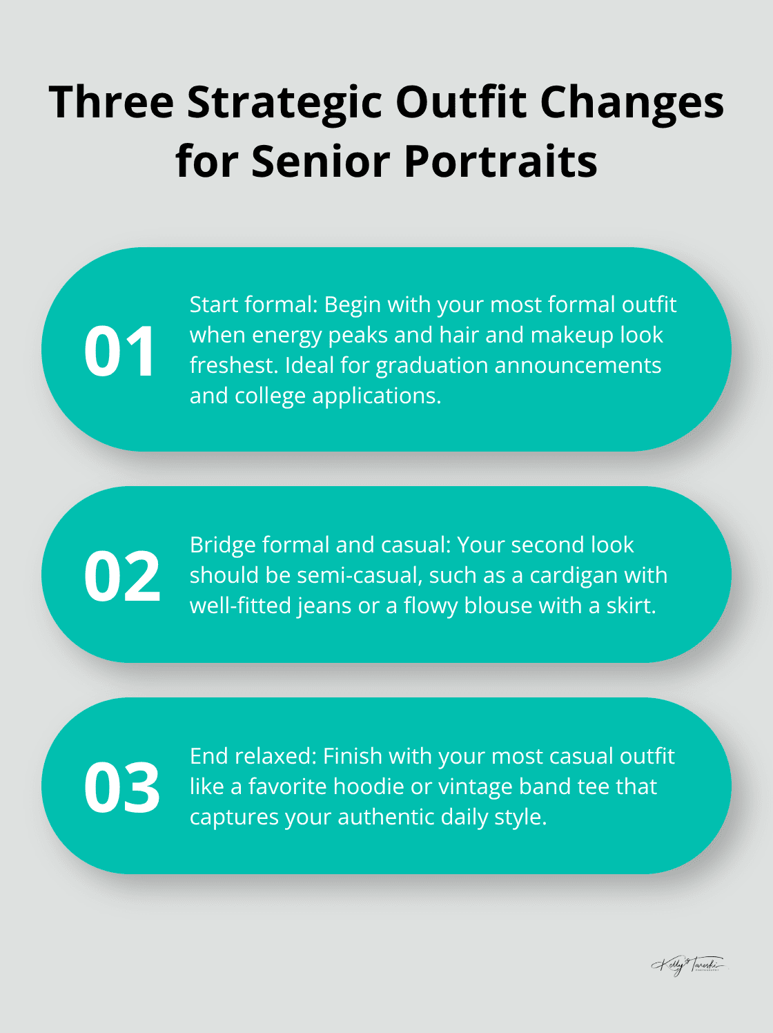 Infographic showing three strategic outfit changes for senior portraits: formal, semi-casual, and relaxed - Senior style