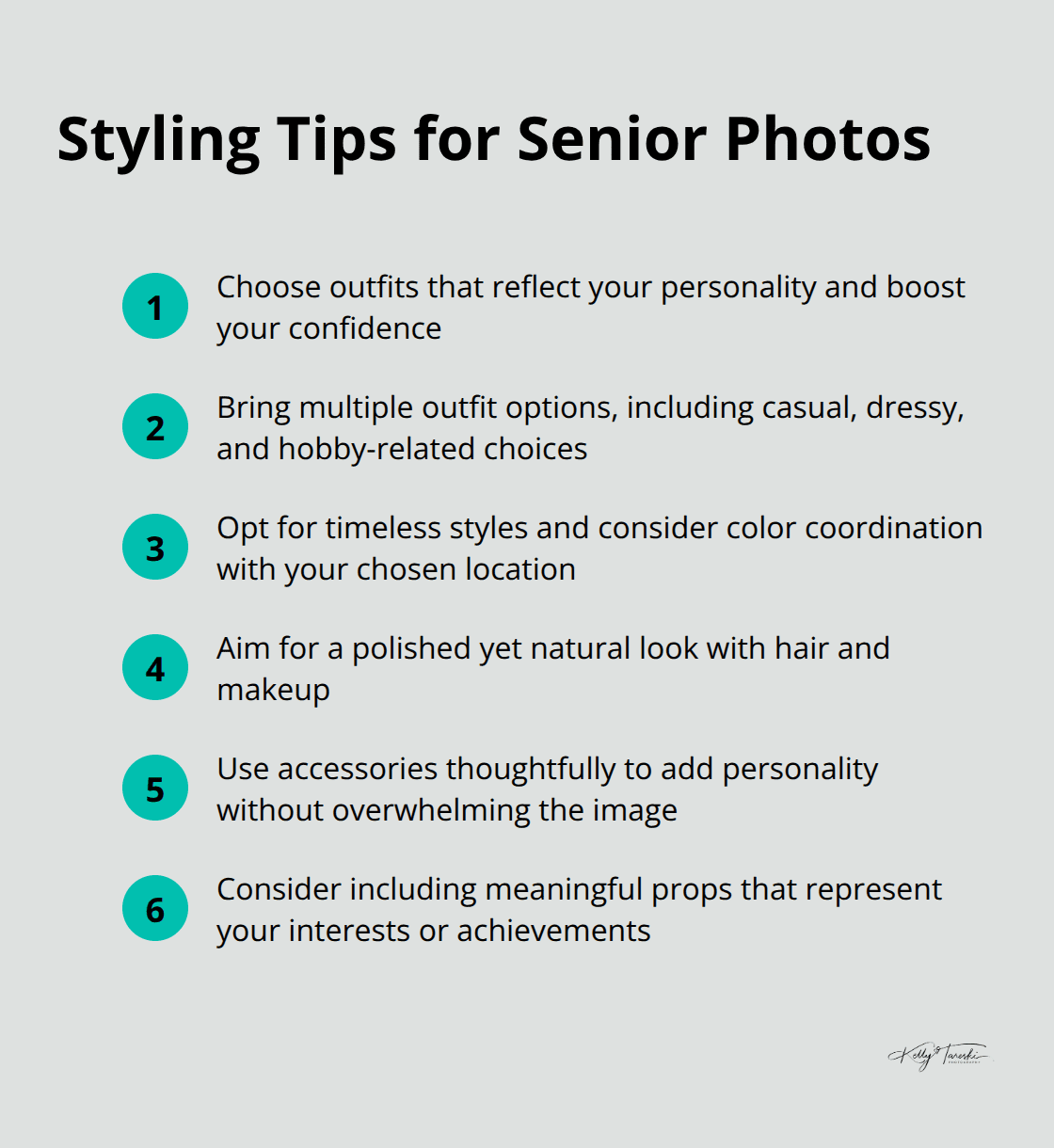 An ordered list of styling tips for senior photos, covering outfit selection, hair and makeup, and accessories. - senior year pictures ideas