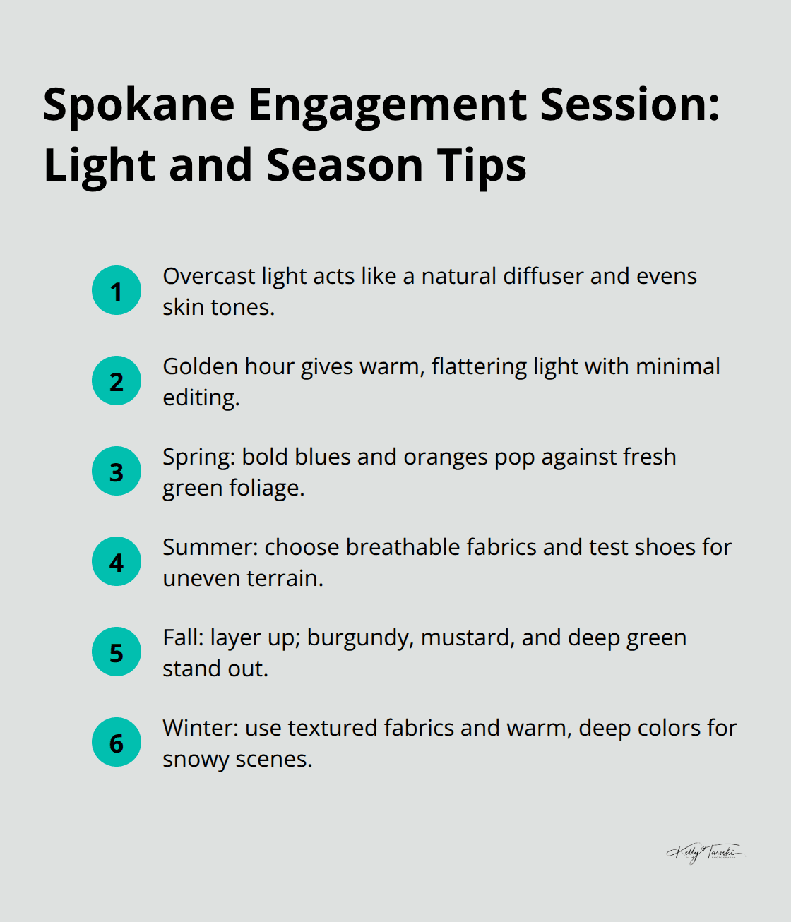 Compact list of lighting and seasonal wardrobe tips for Spokane engagement photos. - Spokane couple engagement portraits