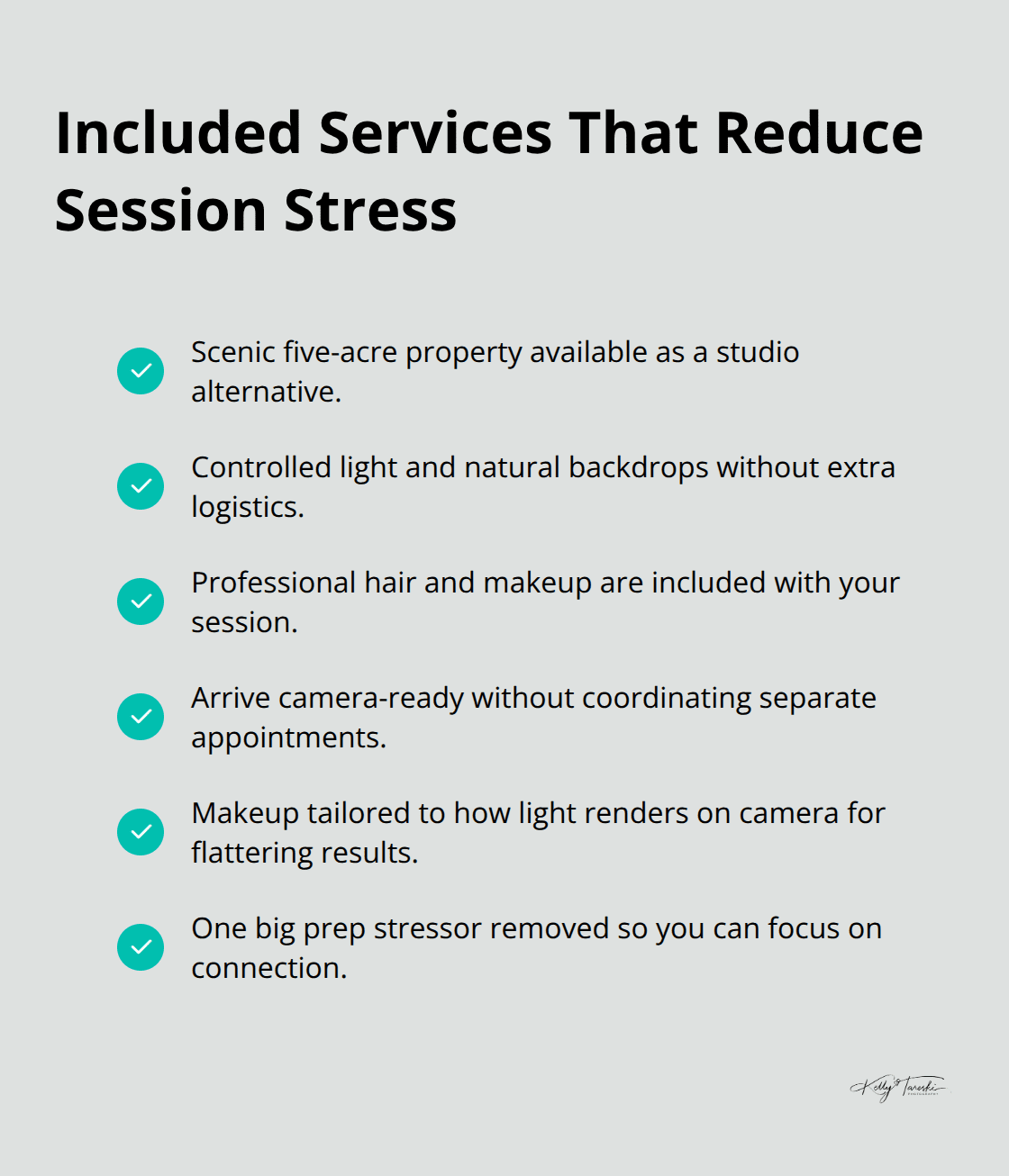 Checklist of included studio alternative and professional services for engagement portraits.