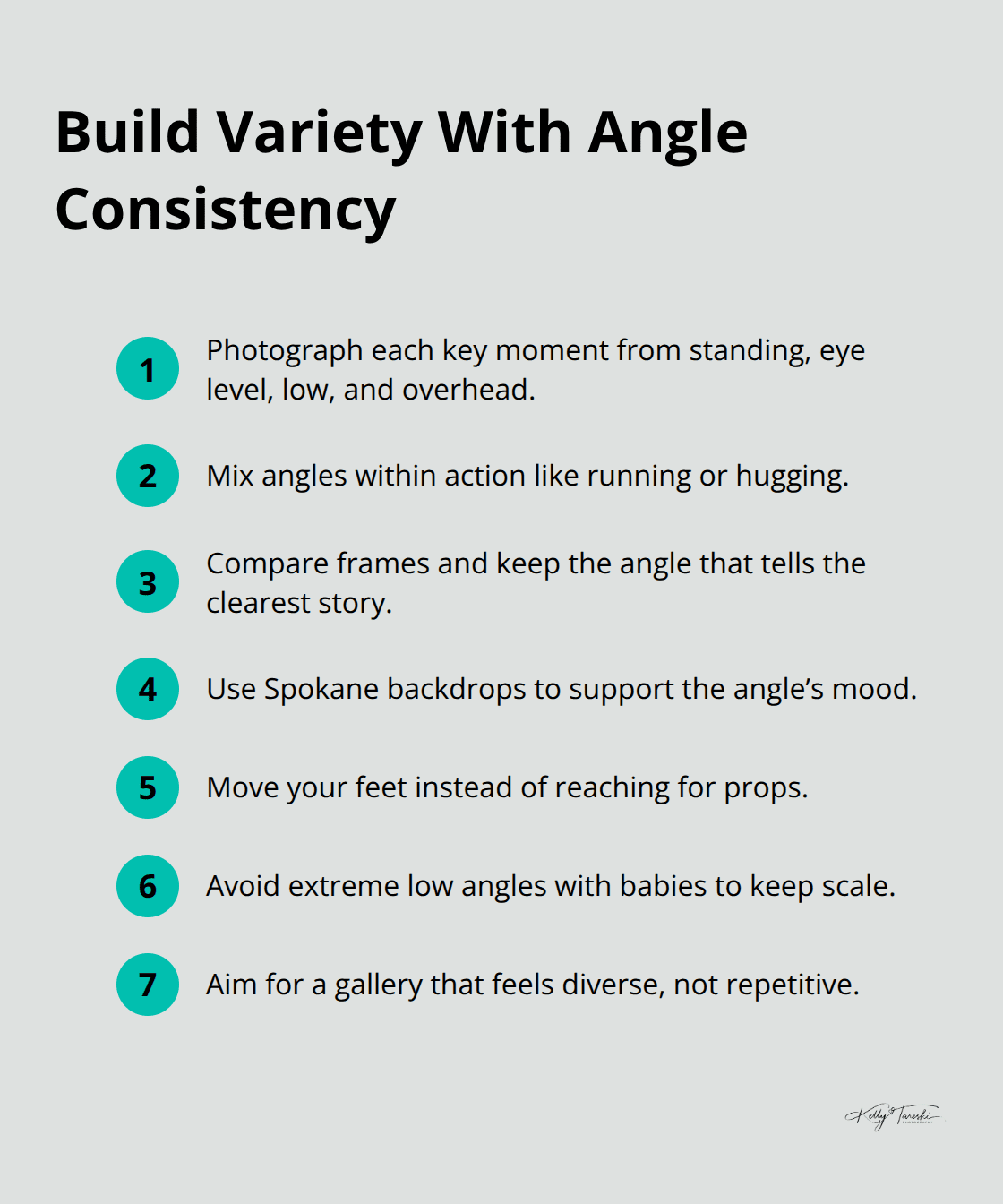 Compact checklist for creating variety by shooting each moment from four angles - Spokane family photos ideas