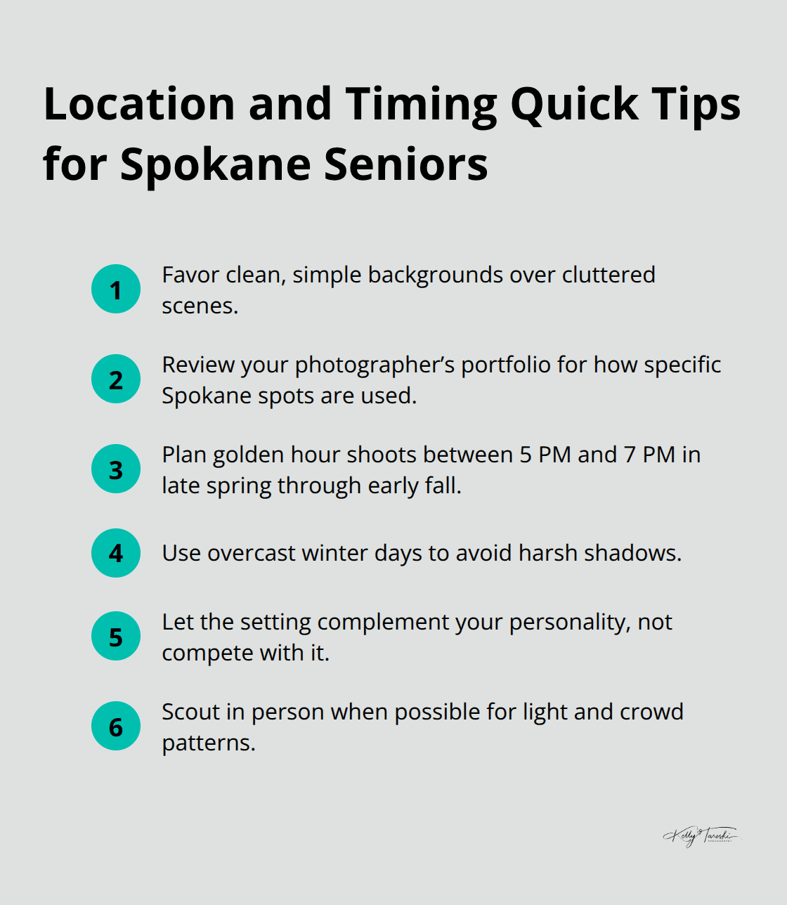 Compact checklist for picking Spokane photo locations and timing for flattering light. - Spokane senior portrait session