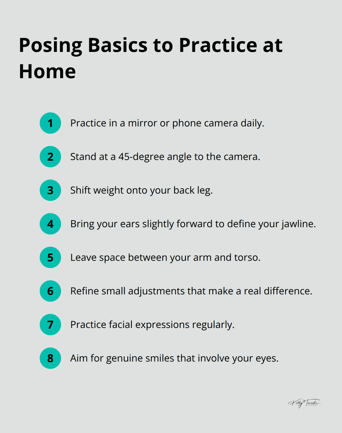 Compact list of simple posing techniques to practice before your photo session - Stress-free photography tips