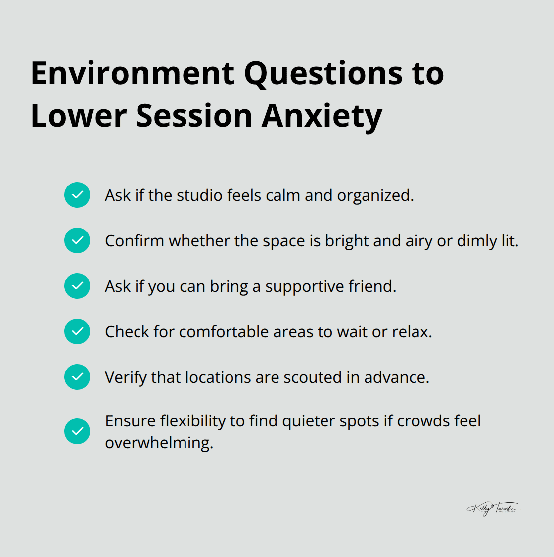 Checklist of studio and location factors to ask about before your photo session