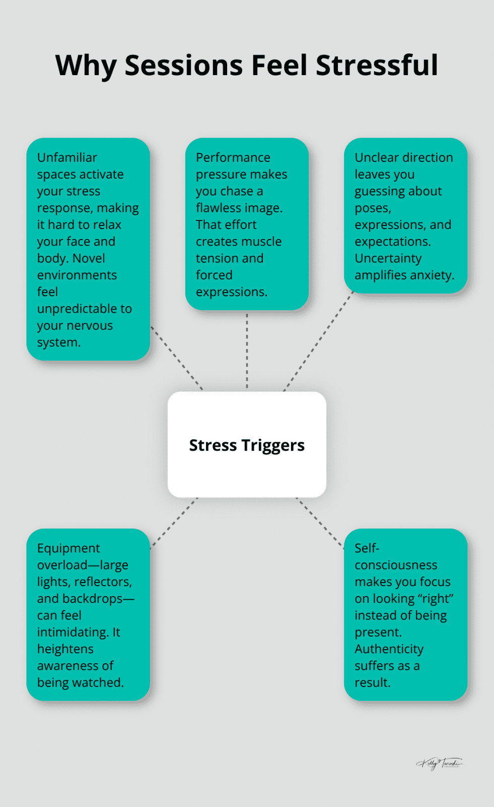 Visual showing central stress triggers during photography sessions with related causes around it - Stress-free sessions