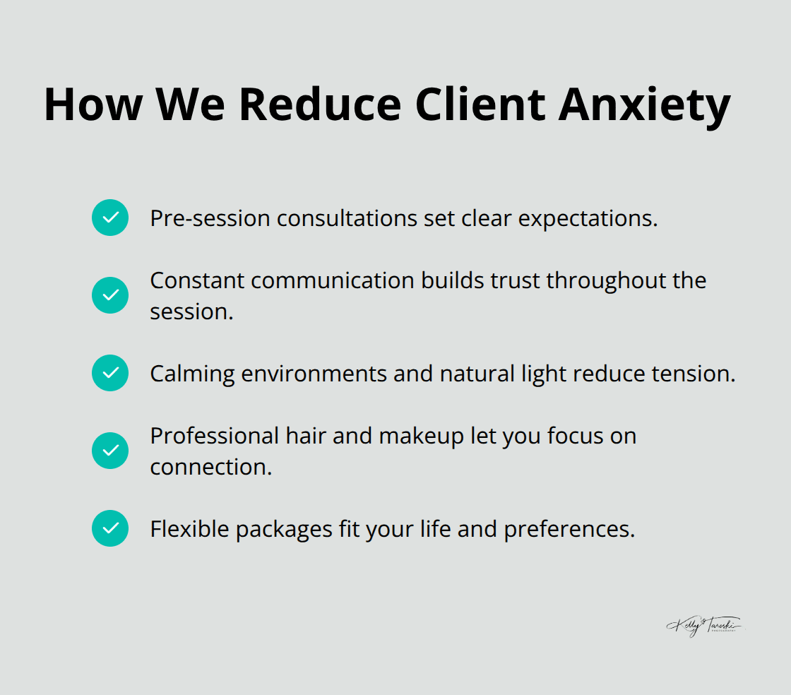 Checklist of Kelly Tareski Photography practices that lower client anxiety - Stress-free sessions