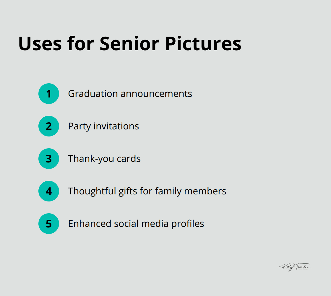An ordered list of various uses for senior pictures beyond graduation day, including announcements, invitations, gifts, and social media. - suggestions for senior pictures