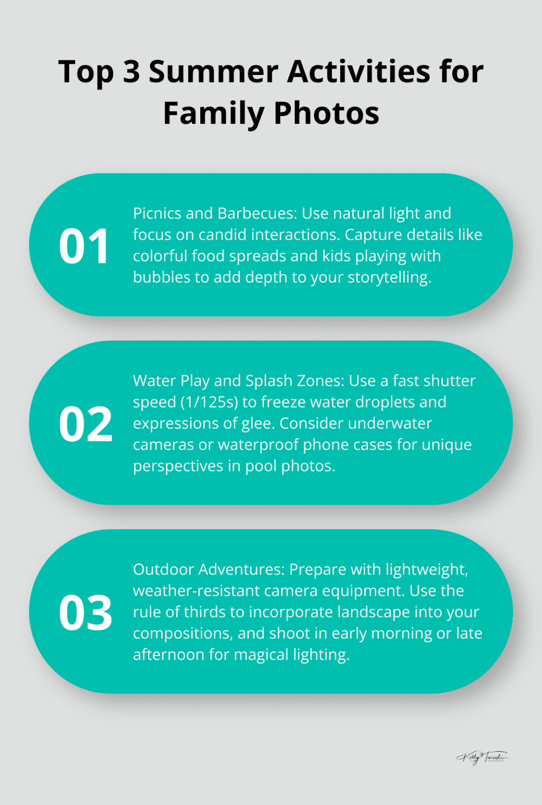 Ordered list chart showing top 3 summer activities for family photos: Picnics and Barbecues, Water Play and Splash Zones, and Outdoor Adventures, with key photography tips for each. - summer family pics