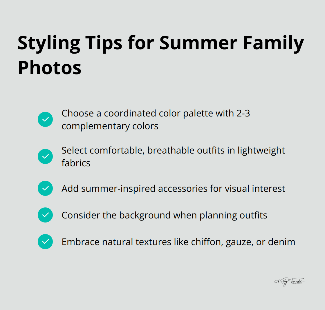 Checkmark list chart showing five styling tips for summer family photos: coordinated color palette, comfortable outfits, summer-inspired accessories, background consideration, and natural textures.