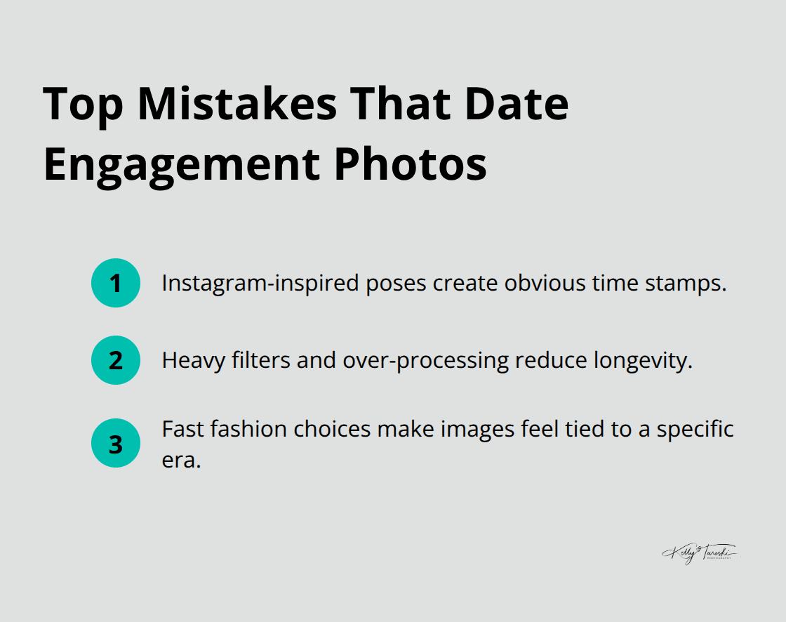Three common mistakes that make engagement photos look dated: trendy poses, heavy filters, and fast fashion. - timeless engagement photos