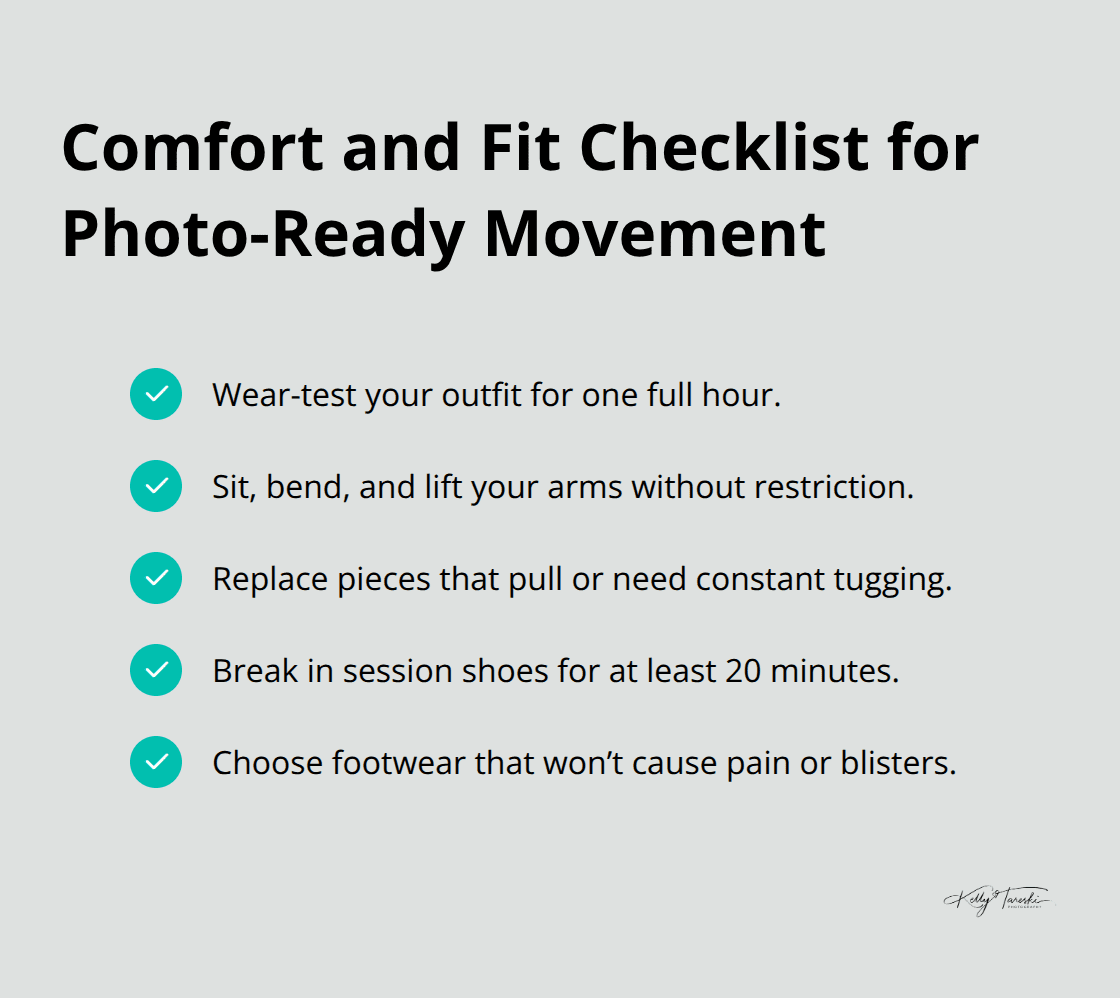 Checklist to ensure outfits move well and feel comfortable for engagement photos.