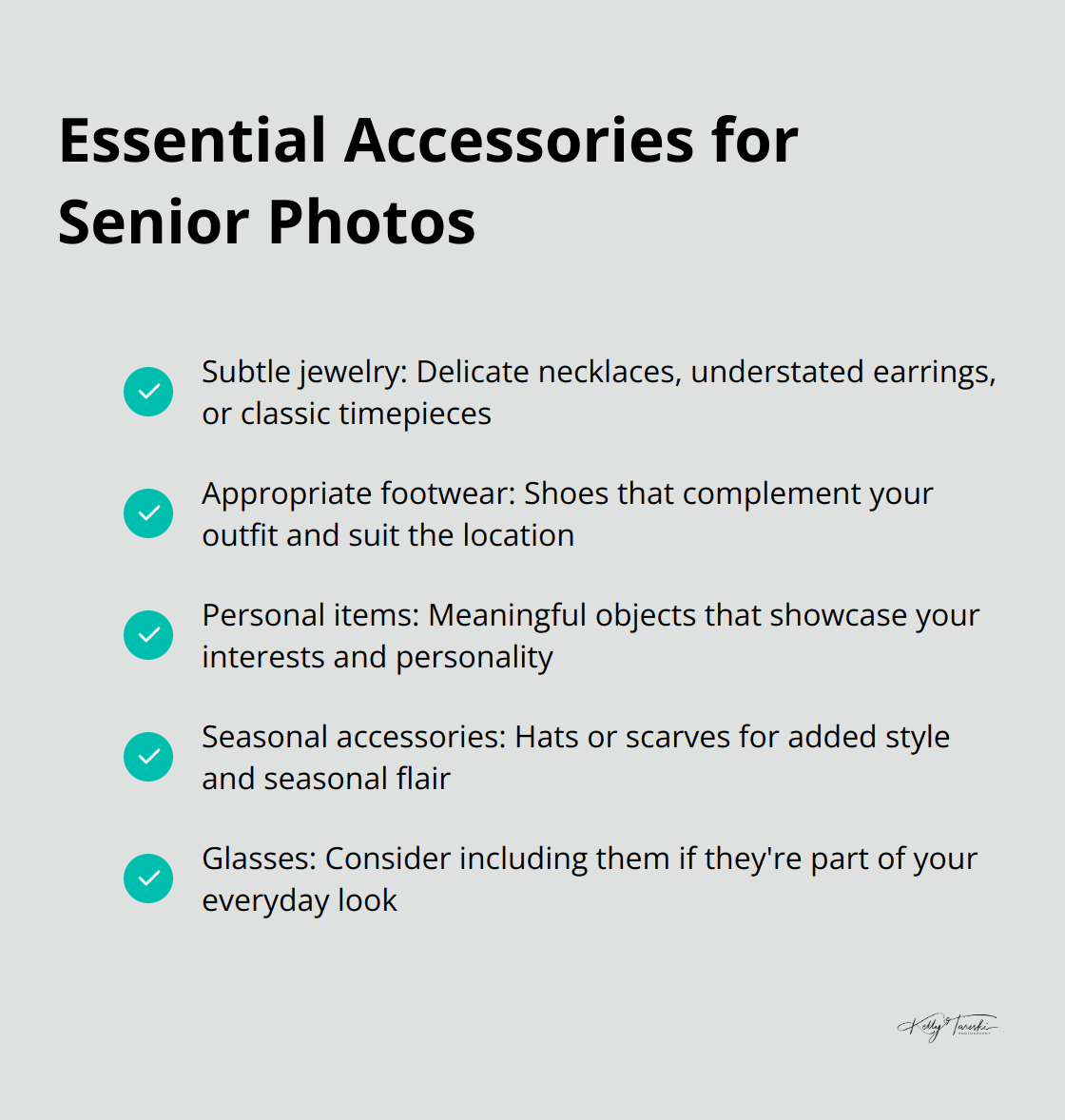 Checklist of essential accessories for senior photos including jewelry, footwear, personal items, hats/scarves, and glasses. - what to wear for senior photos
