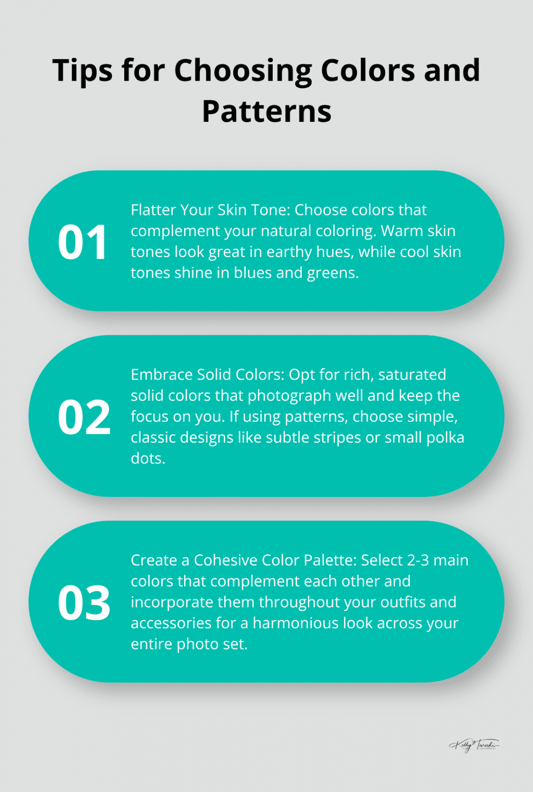 An ordered list chart presenting three tips for choosing colors and patterns in senior pictures: flattering your skin tone, using solid colors, and creating a cohesive color palette. - what to wear for senior pictures