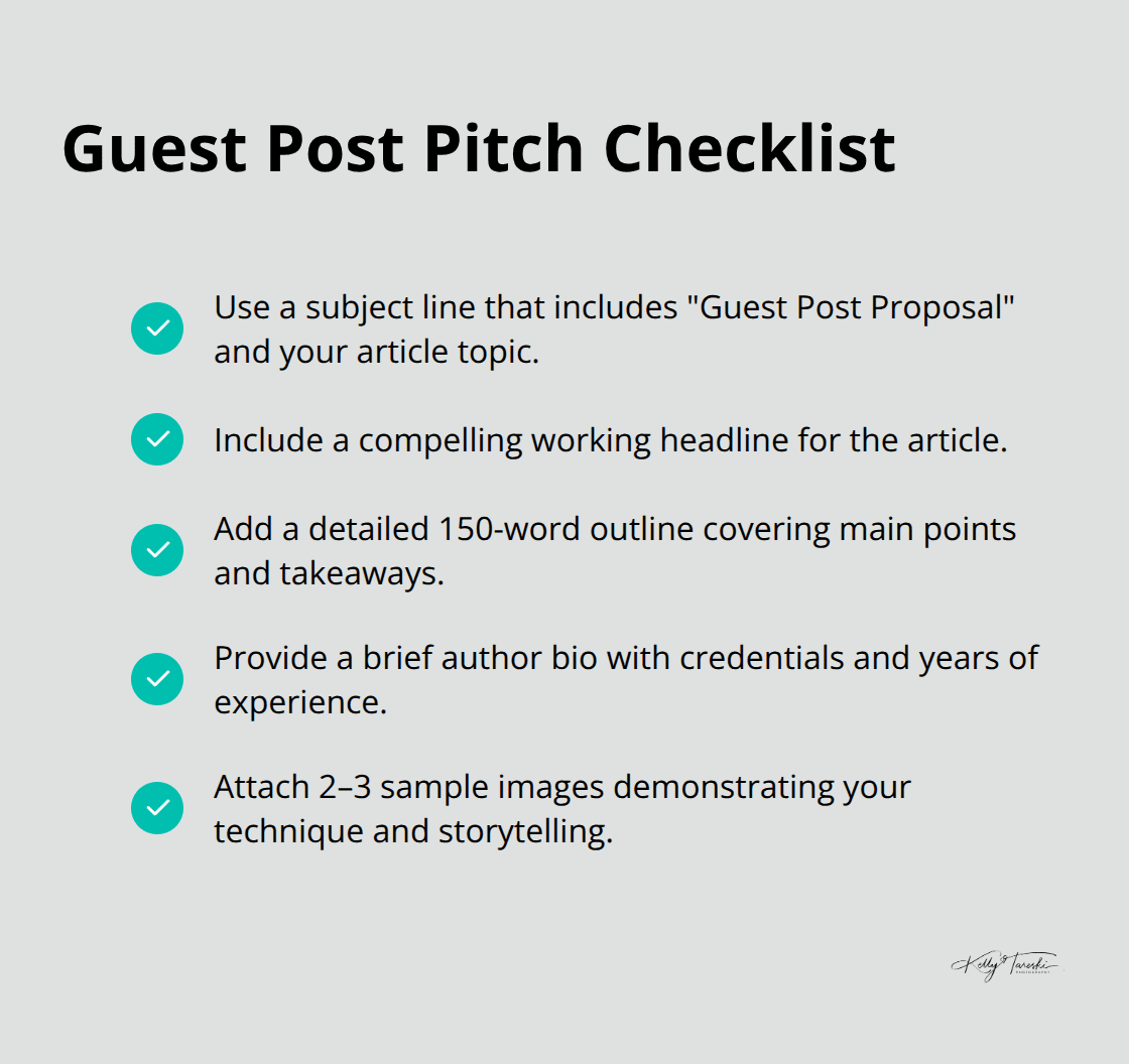 Checklist of required components for a Kelly Tareski Photography guest post pitch