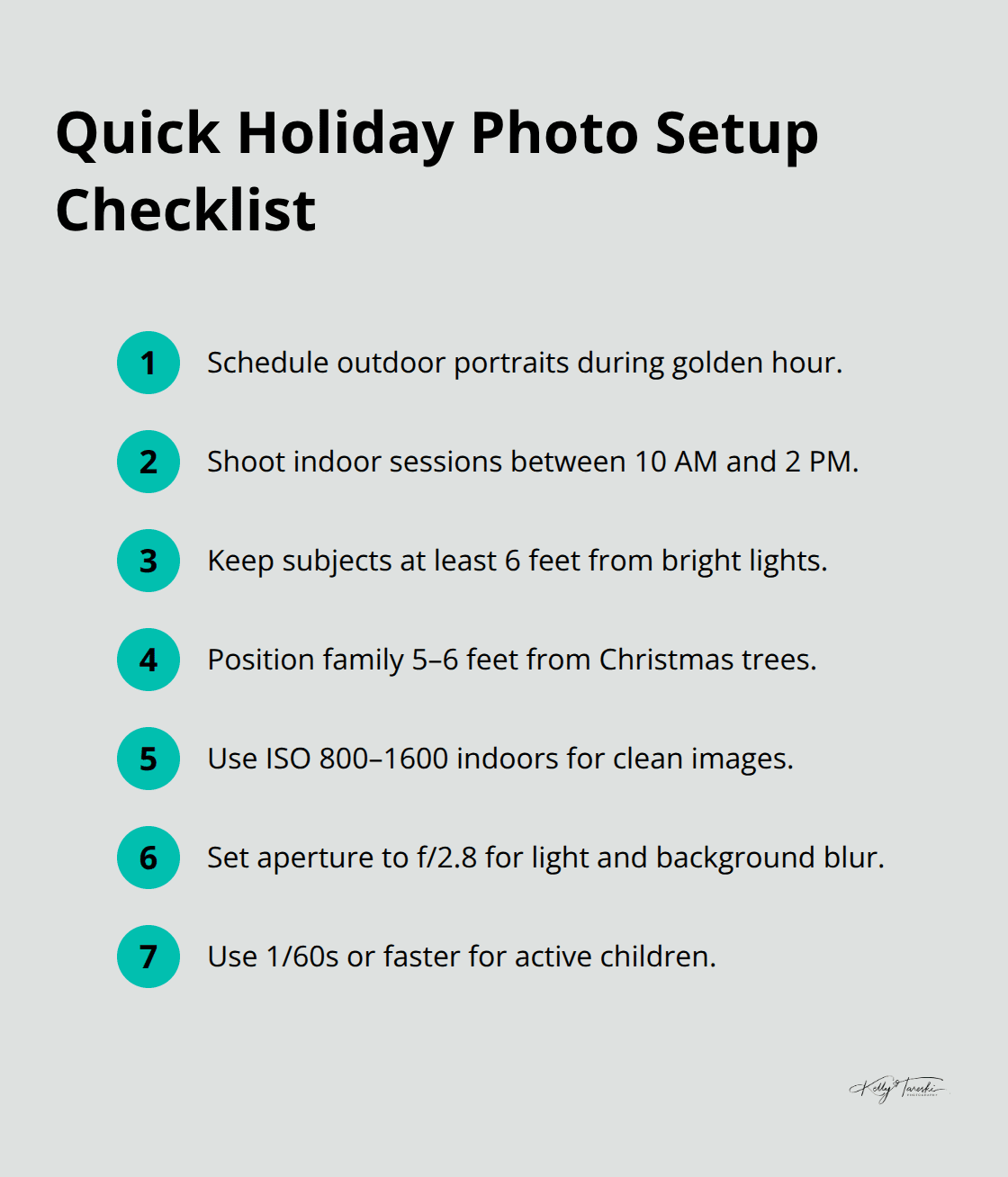 Compact checklist of timing, distance, and camera setting tips for holiday photos - xmas family photos