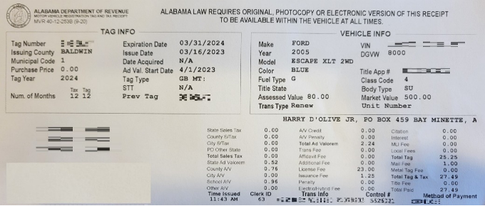 Alabama vehicle registration receipt for a 2005 Ford Escape XLT 2WD, issued in Baldwin County, with an expiration date of March 31, 2024