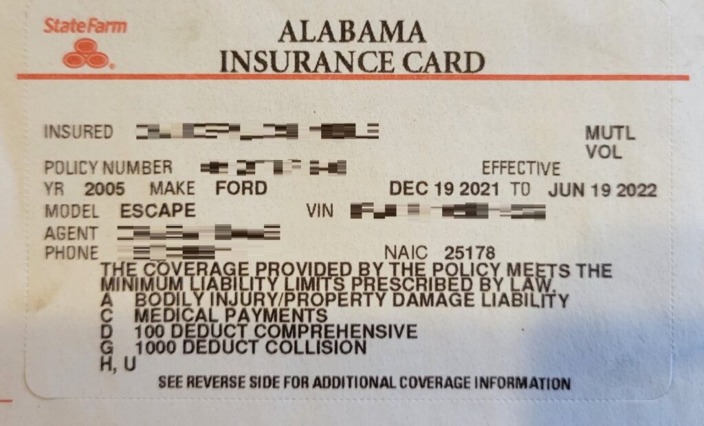 Alabama insurance card from State Farm for a 2005 Ford Escape, showing policy details and coverage information.
