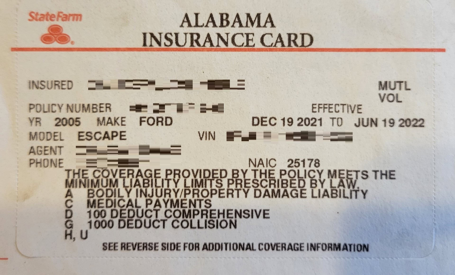Alabama insurance card from State Farm for a 2005 Ford Escape, showing policy details and coverage information.