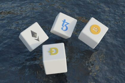 a group of white dice with different symbols floating on water