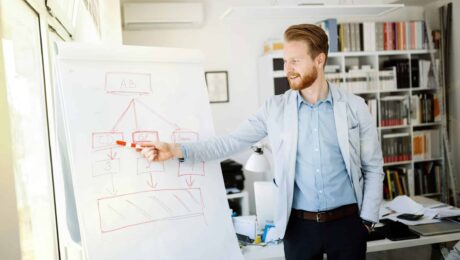 a man pointing at a whiteboard