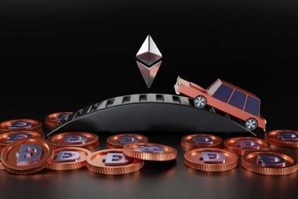 a car on a bridge over coins