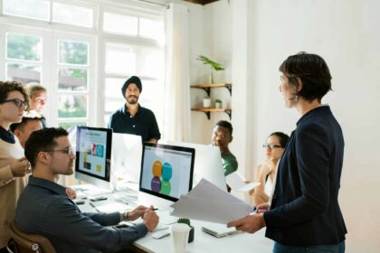 a group of people in an office